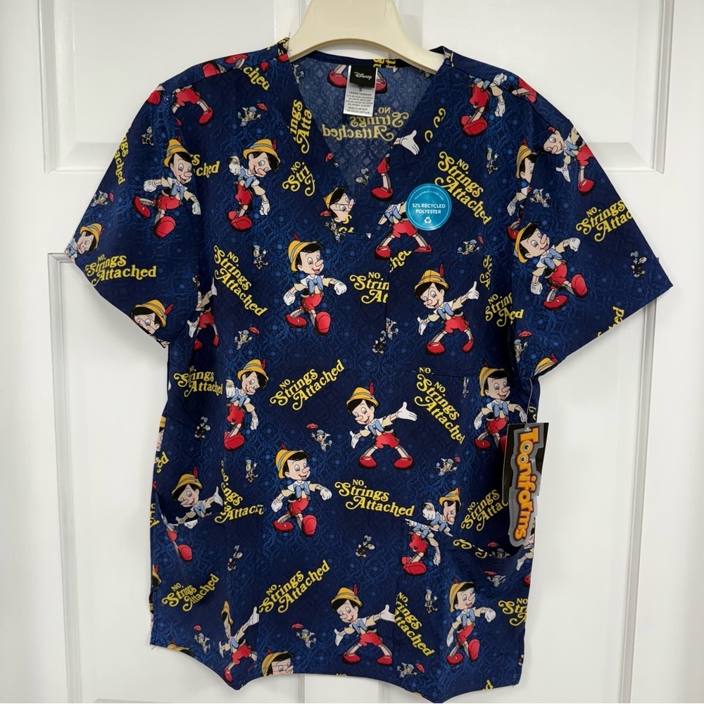 NWT Disney Tooniforms Cherokee Pinocchio Scrub Top Mens Small Scrubs Blue
